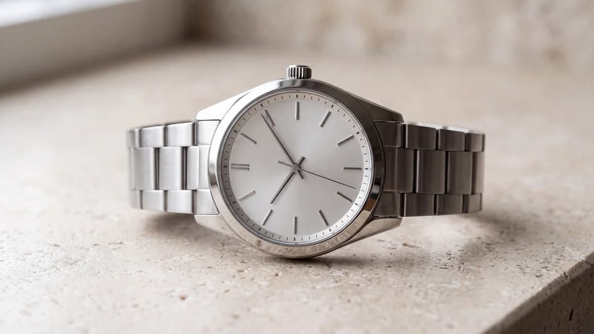 Montre à aiguilles en acier vue de trois quarts : cadran, lunette, couronne, cornes et bracelet bien visibles