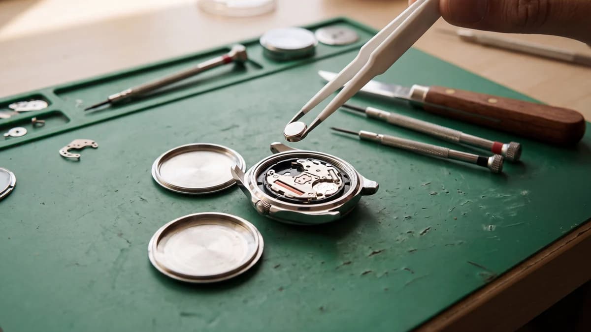 Silver oxide button cell held by plastic tweezers above a quartz movement, watch case back open on a workbench