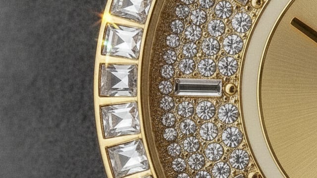 Macro d'une lunette de montre en acier doré sertie de cristaux taille baguette, lumière rasante