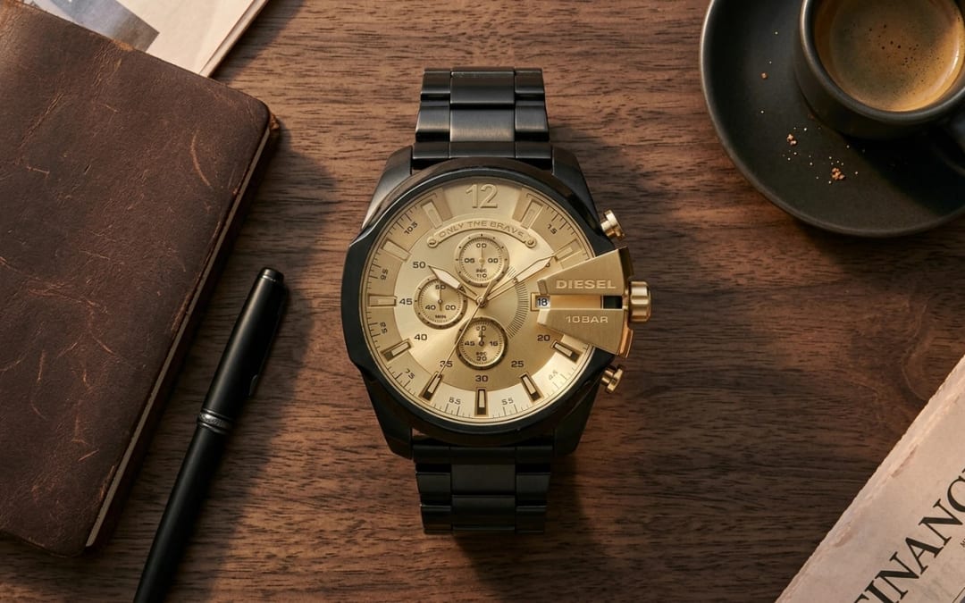 Flat lay — Montre Diesel homme : le guide complet pour choisir sa montre urbaine et audacieuse