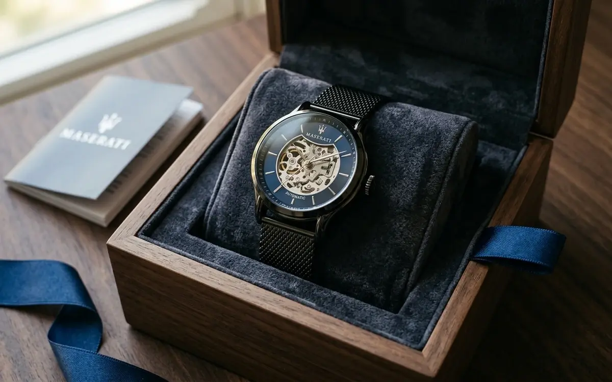 Montre Maserati pilote homme cadran bleu bracelet cuir style aviation