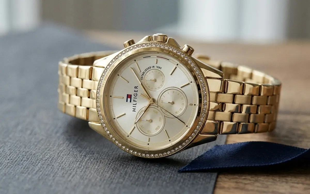 Montre Tommy Hilfiger or femme, cadran doré et bracelet acier inoxydable