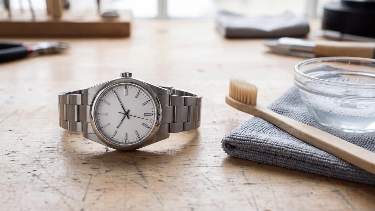 Montre en acier posée sur un établi à côté d'une brosse souple, d'un chiffon microfibre et d'un bol d'eau savonneuse tiède