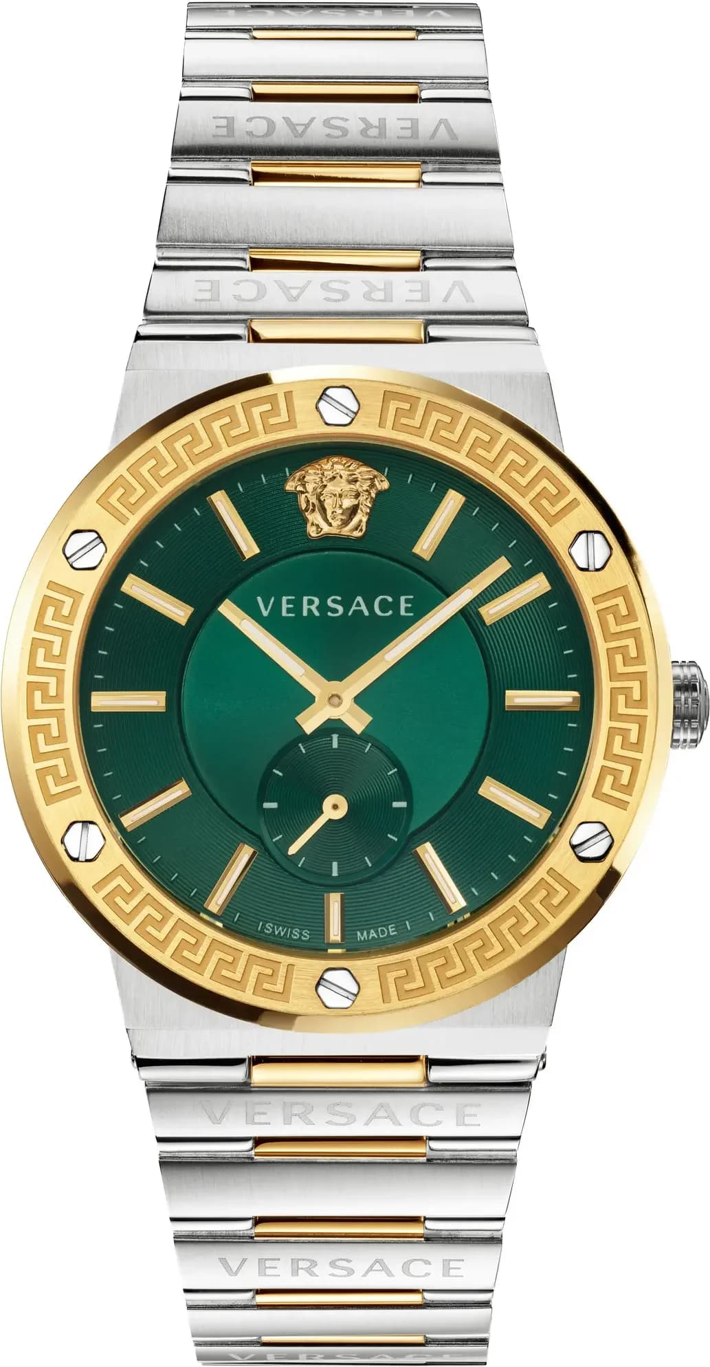 Versace VEVI00420 Greca Logo Men's Watch Stainless Steel Silver Gold Dial Green