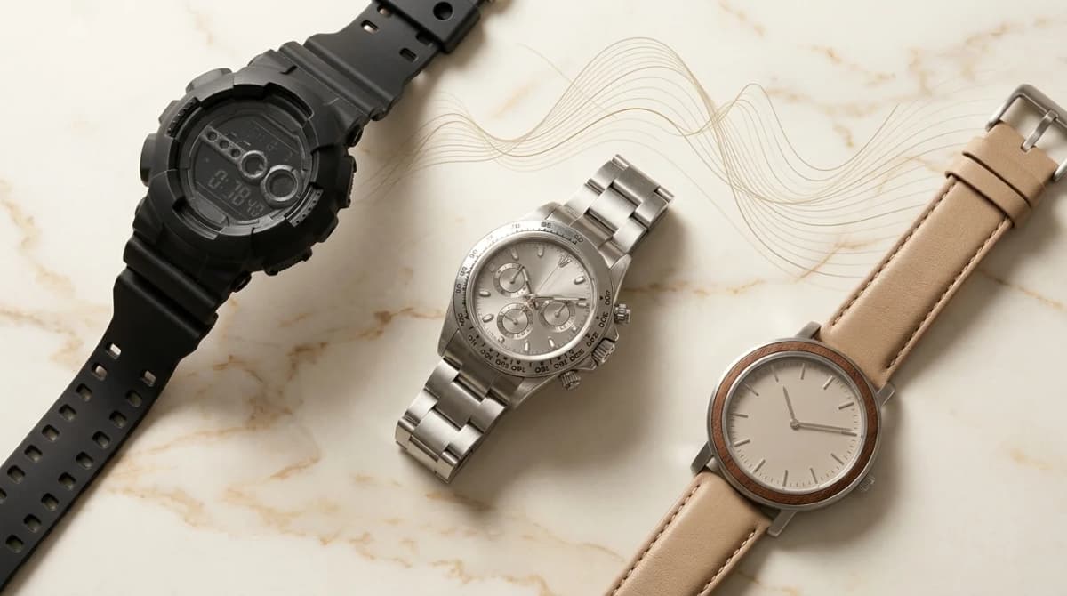 Étude data 2026 : baromètre étanchéité montres marché français, plusieurs modèles empilés avec chiffres en surimpression