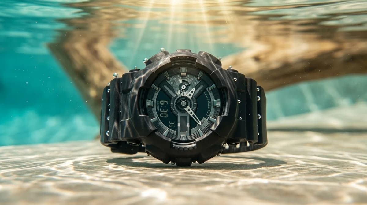Montre étanche 20 ATM Casio G-Shock immergée dans une eau claire, bulles d'air remontant, éclairage cinématographique