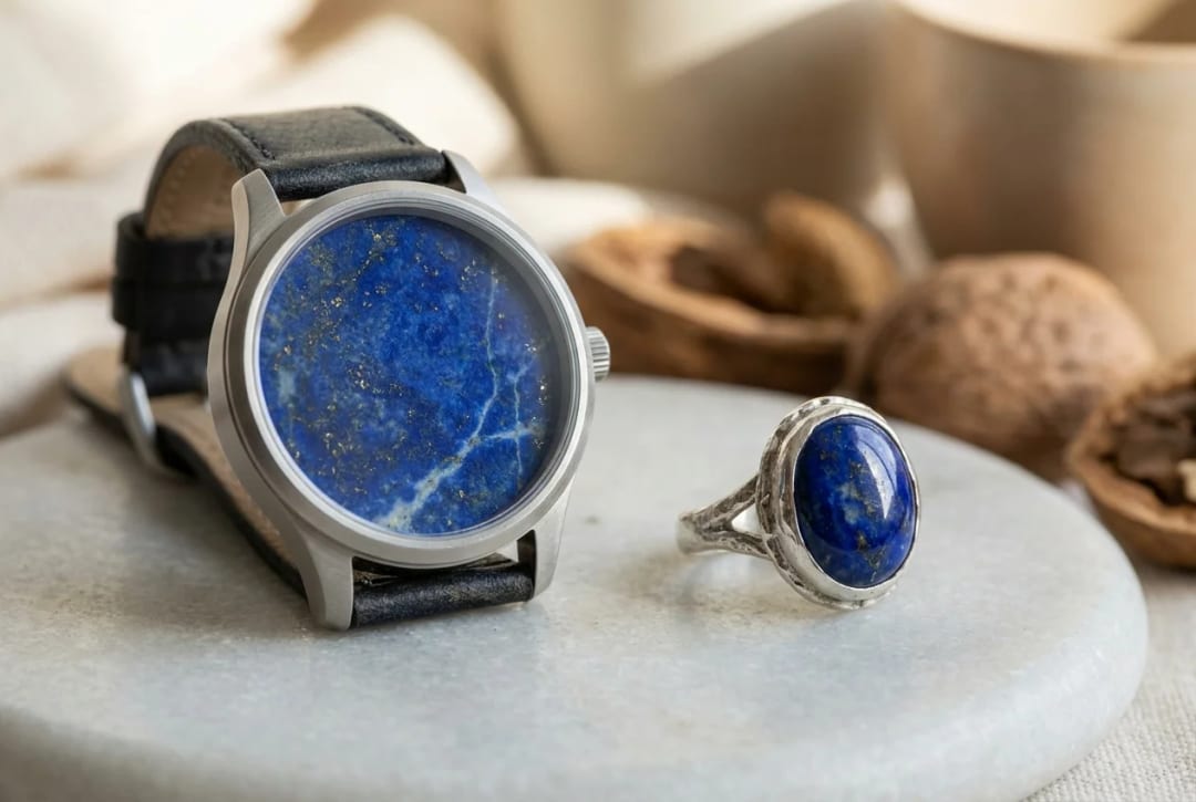 Montre à cadran en lapis-lazuli posée à côté d'une bague artisanale sertie de la même pierre