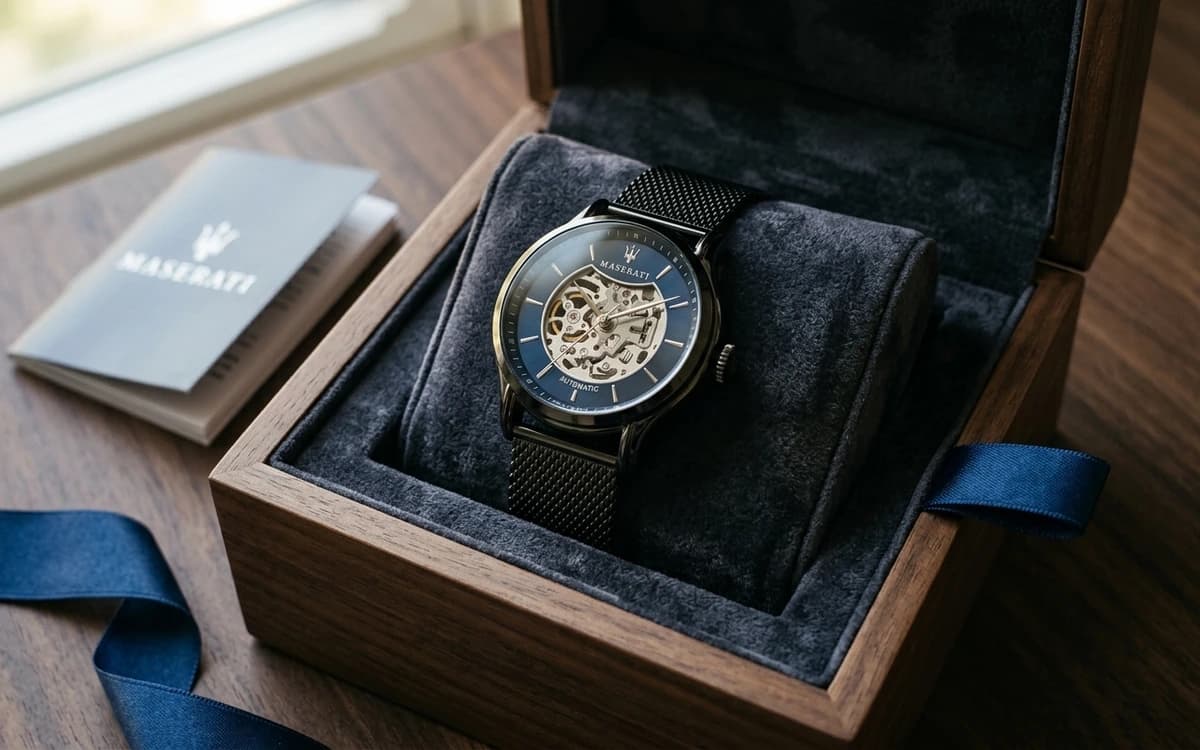 Montre Maserati pilote homme cadran bleu bracelet cuir style aviation