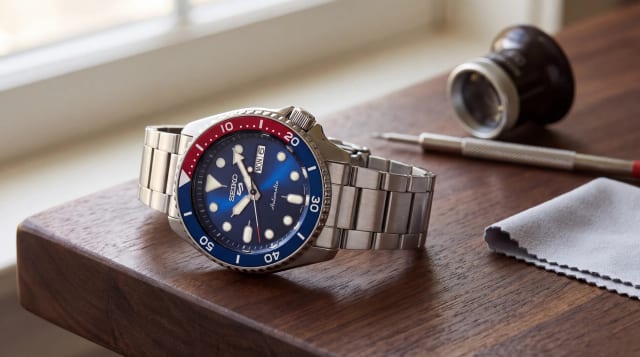 Montre Seiko 5 Sports SRPD53K1 automatique à cadran bleu et lunette Pepsi posée sur un établi d'horloger en noyer