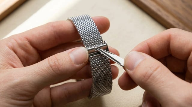 Deux mains ajustant la boucle coulissante d'une montre à maille milanaise avec un outil fin qui relève le clip de sécurité