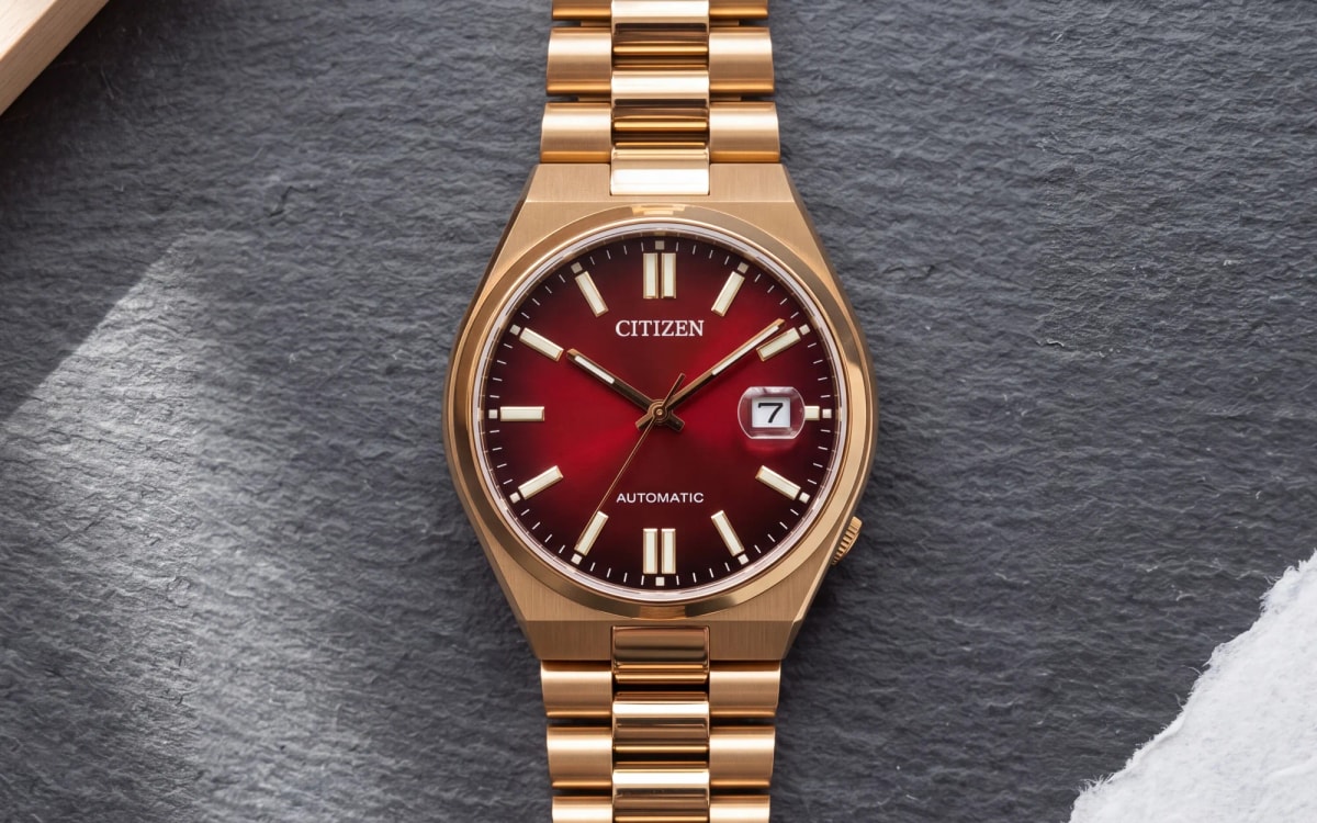 Citizen Tsuyosa NJ0153-82X in rose gold tone, gradient red dial, on slate and washi paper