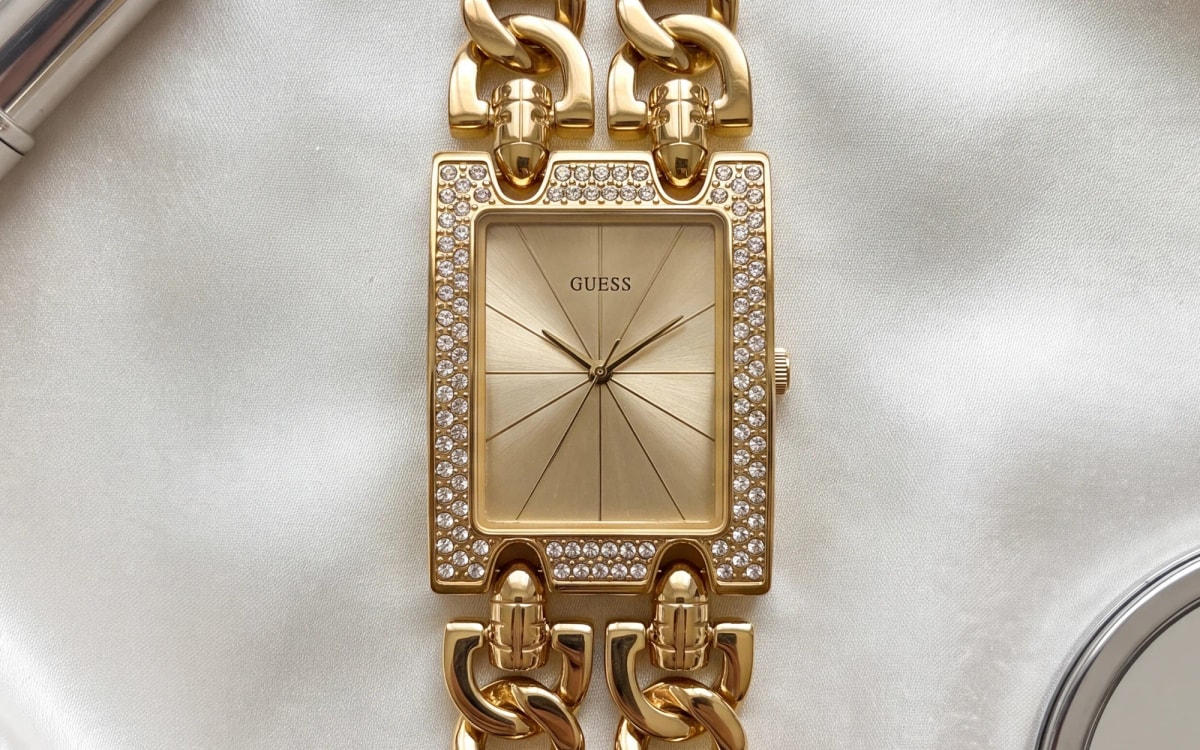 GUESS Heavy Metal W0072L1 gold-tone women's watch, crystal-set rectangular case on a double chain, ivory satin