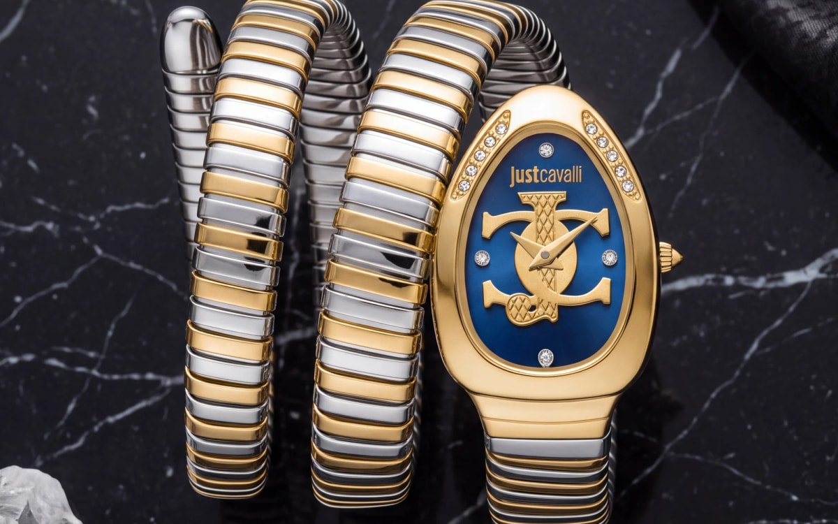 Montre Just Cavalli JC1L228M0075 double spirale bicolore, cadran bleu au monogramme JC, sur marbre noir