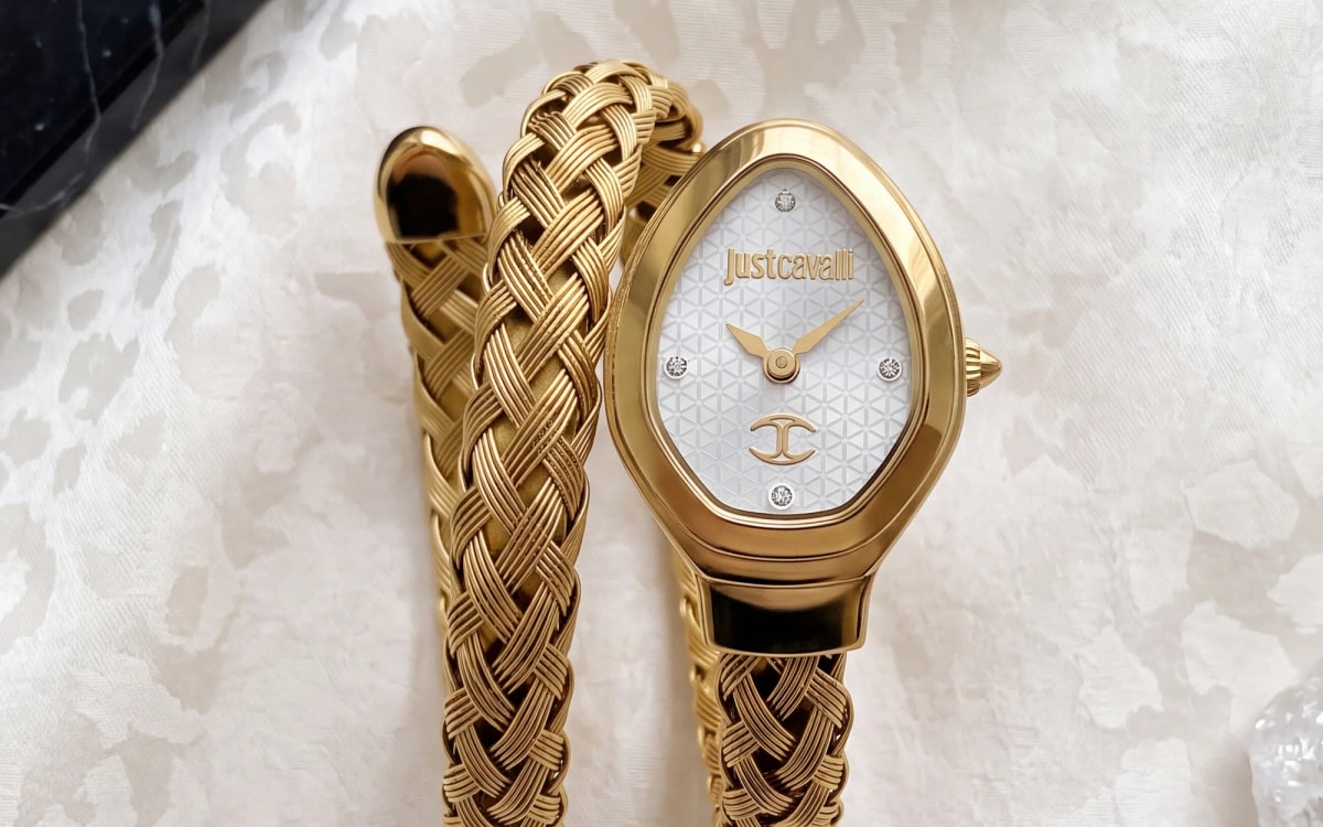 Montre Just Cavalli JC1L264M0025 à spirale tressée dorée, cadran argenté, sur soie ivoire léopard ton sur ton