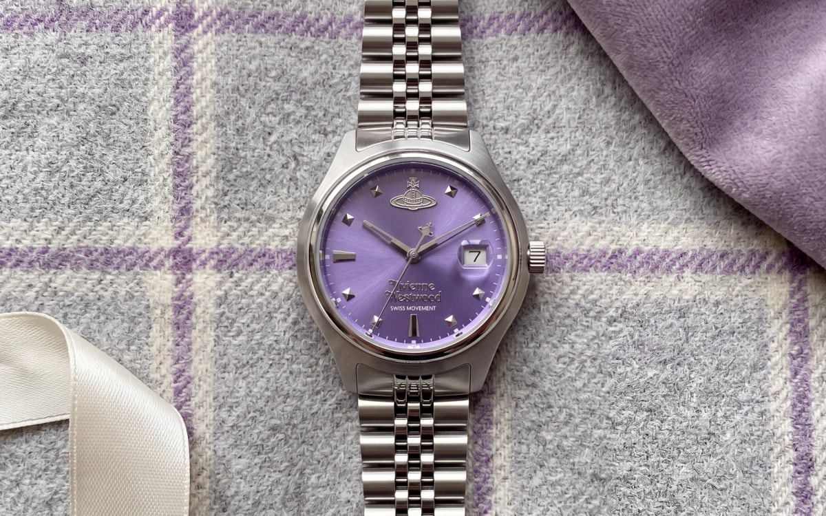Vivienne Westwood Little Camberwell VV311PPSL women's steel watch with violet dial on grey and lilac tartan