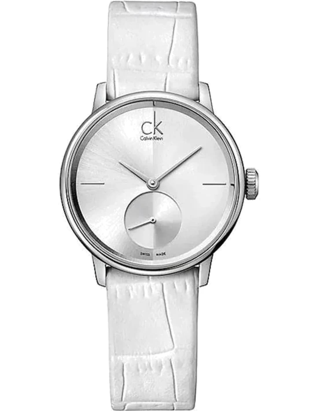 Montre Femme Calvin Klein Accent K2Y231K6 Quartz Cadran Argent Bracelet Cuir Blanc