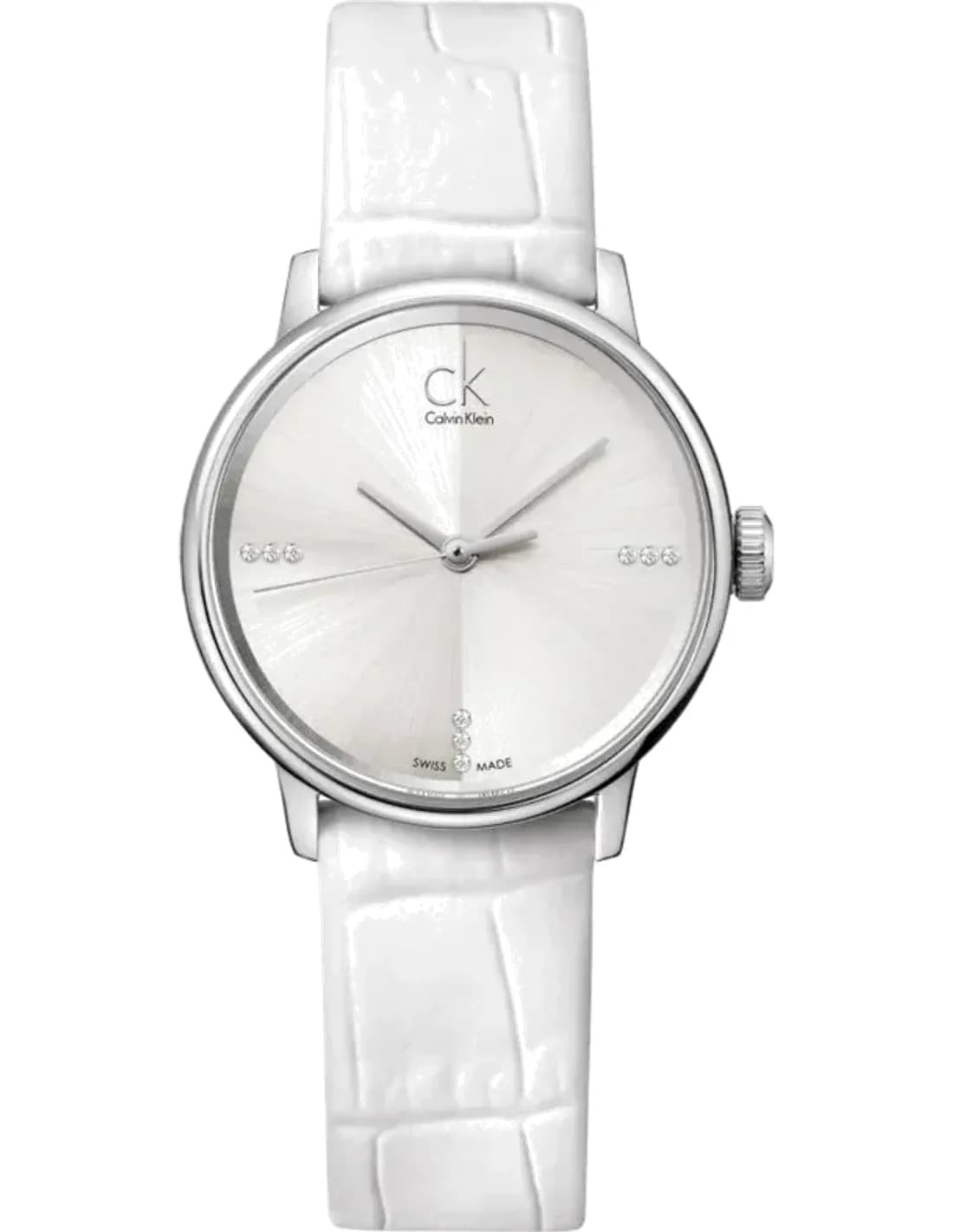 Montre Femme Calvin Klein Accent K2Y2Y1KW Quartz Cadran Argent Bracelet Cuir Blanc