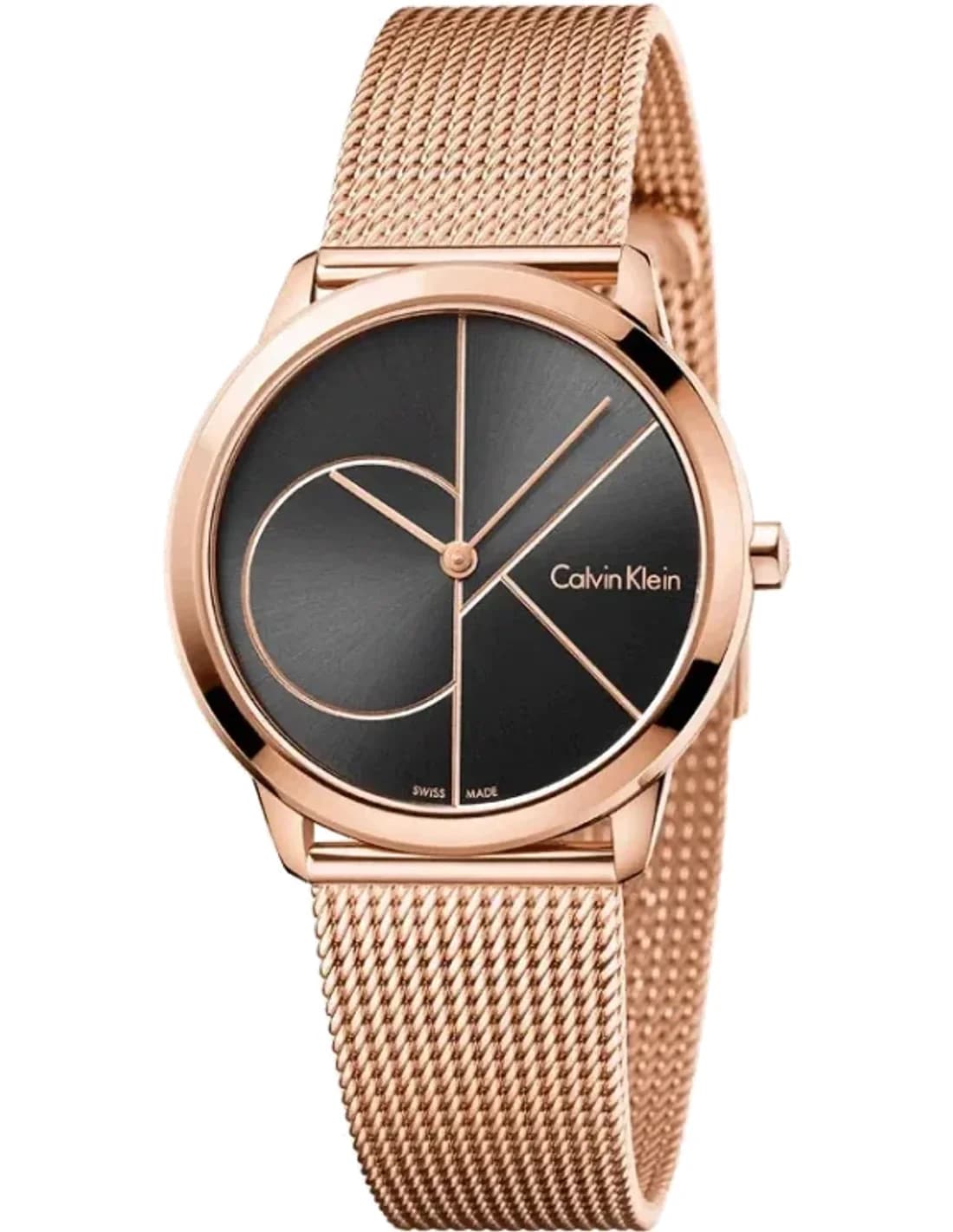 Montre Femme Calvin Klein Minimal K3M22621 quartz cadran noir bracelet en acier inoxydable or rose