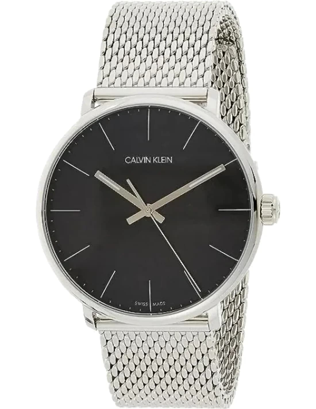 Montre Homme Calvin Klein High Noon K8M21121 quartz cadran noir bracelet maille en acier inoxydable argenté