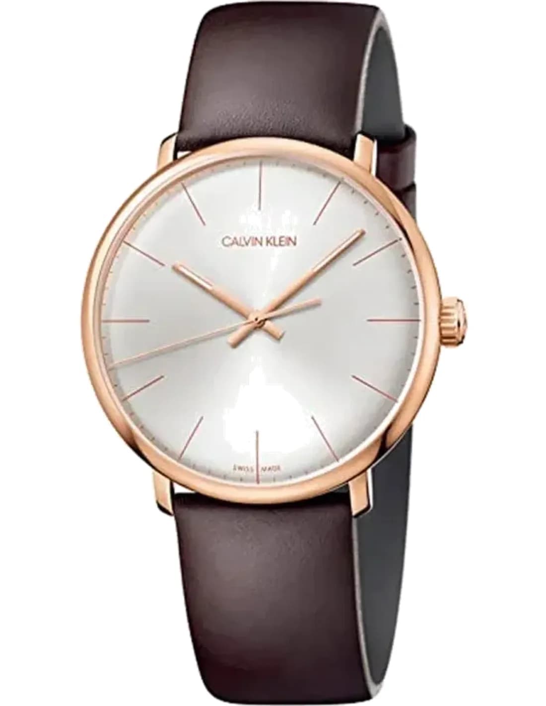 Montre Homme Calvin Klein High Noon K8M216G6 quartz cadran argenté bracelet en cuir marron