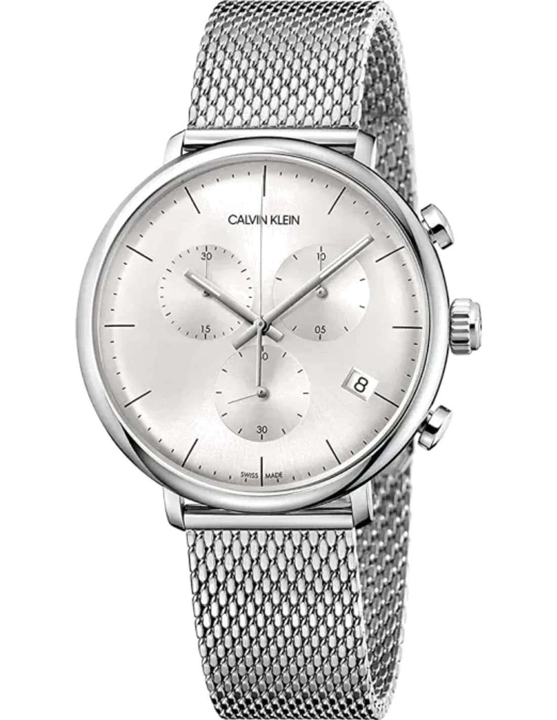 Montre Homme Calvin Klein High Noon K8M27126 Chronographe cadran argenté bracelet maille en acier inoxydable argenté