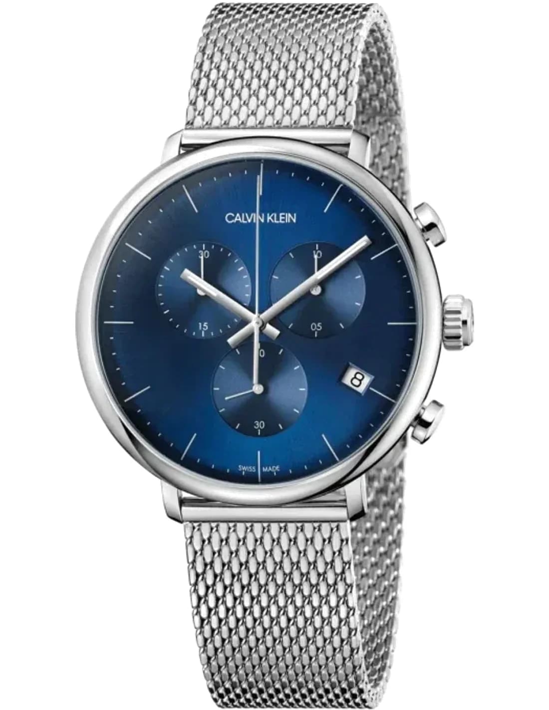 Montre Homme Calvin Klein High Noon K8M2712N Chronographe cadran bleu bracelet en acier inoxydable argenté