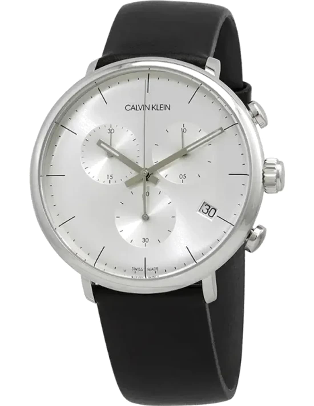 Montre Homme Calvin Klein High Noon K8M271C6 Chronographe cadran argenté bracelet cuir noir