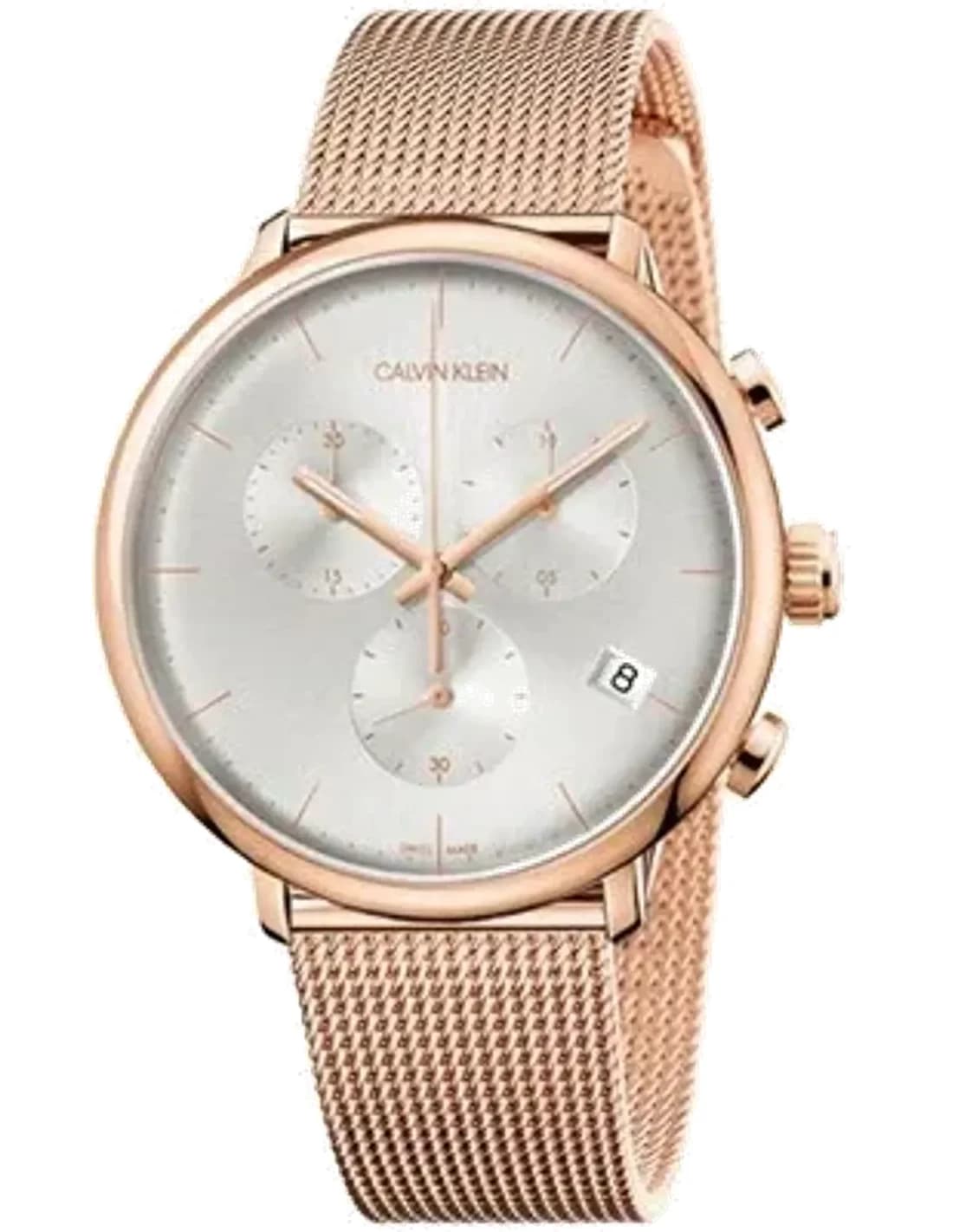 Montre Homme Calvin Klein High Noon K8M27626 Chronographe cadran argenté bracelet en acier inoxydable or rose