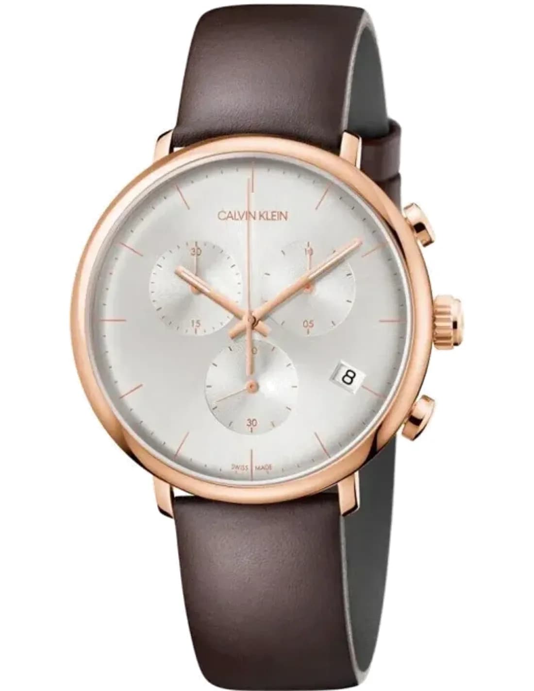 Montre Homme Calvin Klein High Noon K8M276G6 Chronographe cadran argenté bracelet cuir marron