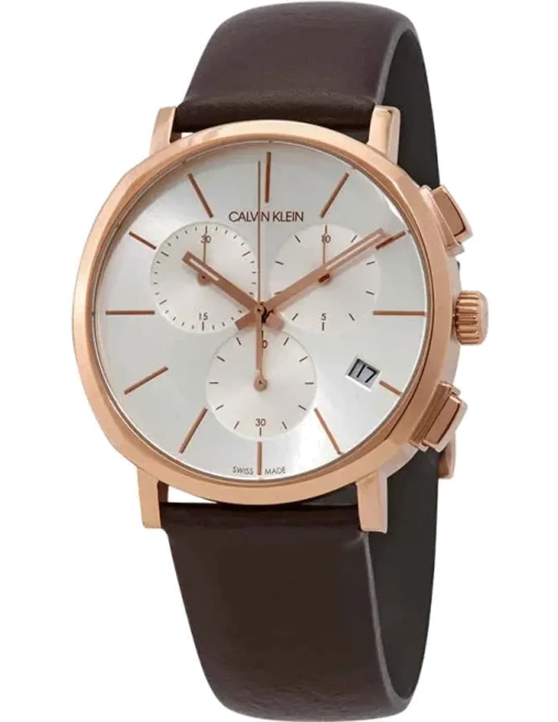 Montre Homme Calvin Klein Posh K8Q376G6 chronographe cadran argenté bracelet cuir marron