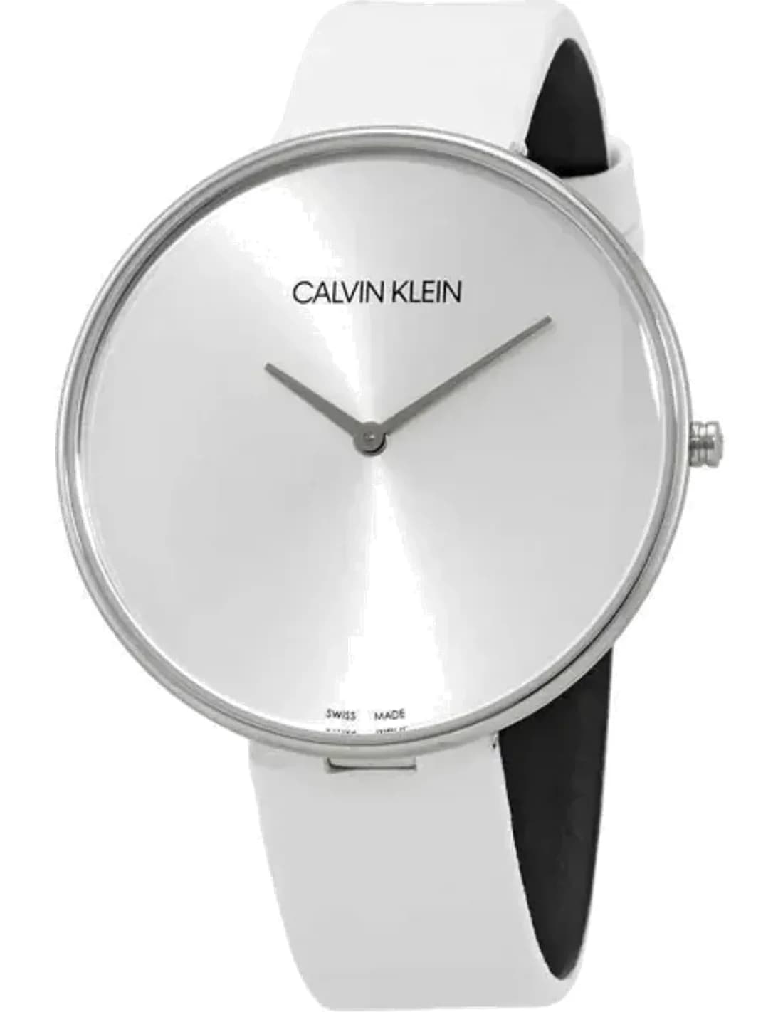 Montre Femme Calvin Klein Full Moon K8Y231L6 quartz cadran argenté bracelet cuir blanc