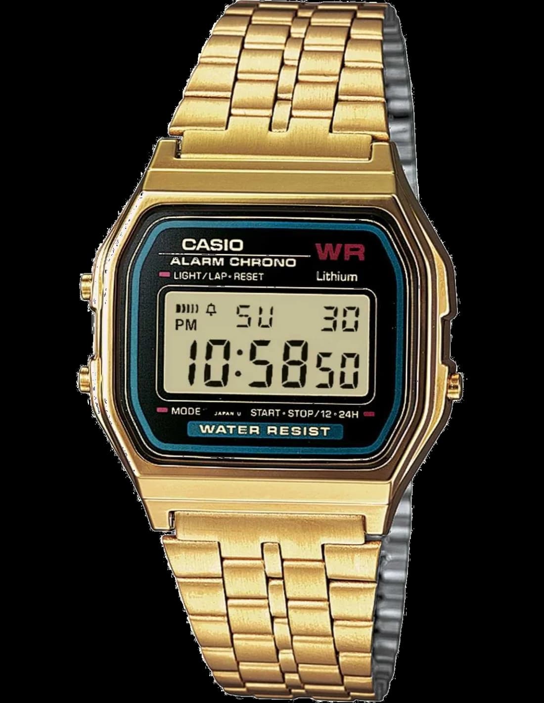 Montre Casio Vintage digitale A159WGEA-1EF en métal doré or jaune cadran noir