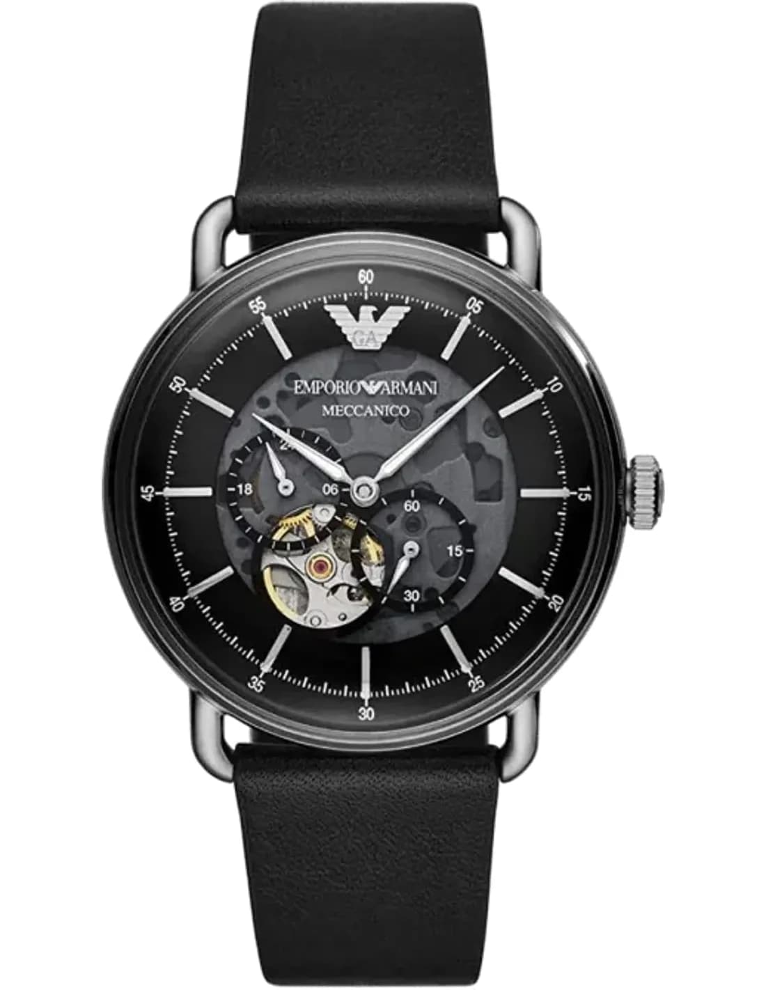 Montre Emporio Armani Meccanico AR60026 Cadran squelette bracelet cuir noir