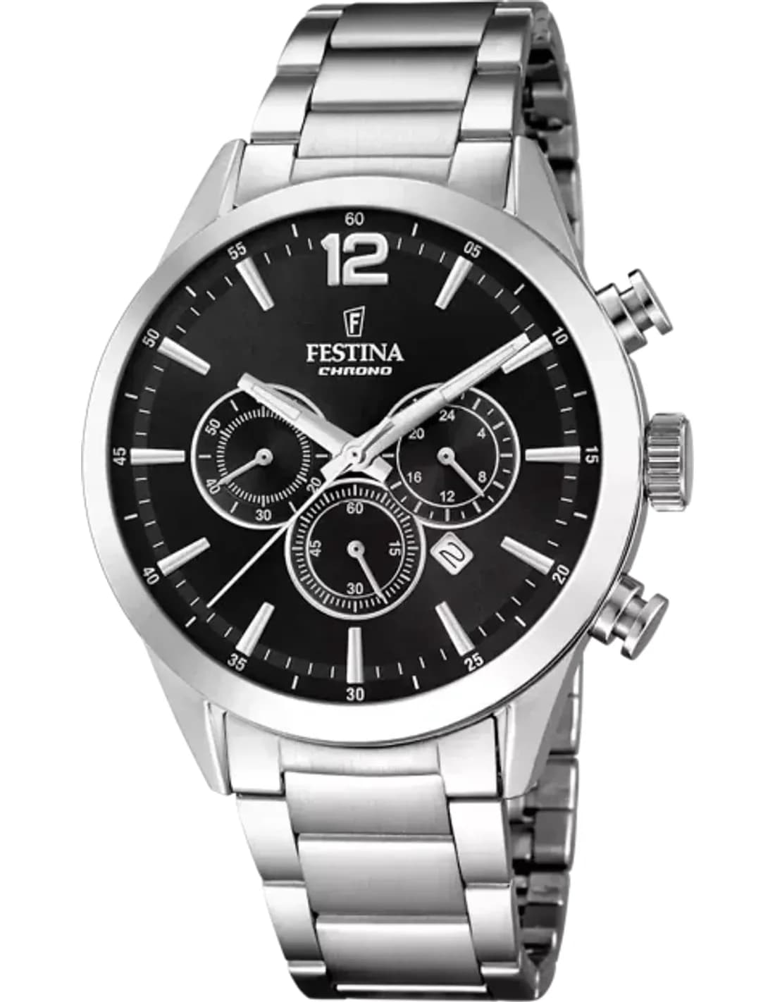 Montre Festina F20343/8 en Acier Argenté avec Cadran Noir et Fonctions Jour-Date