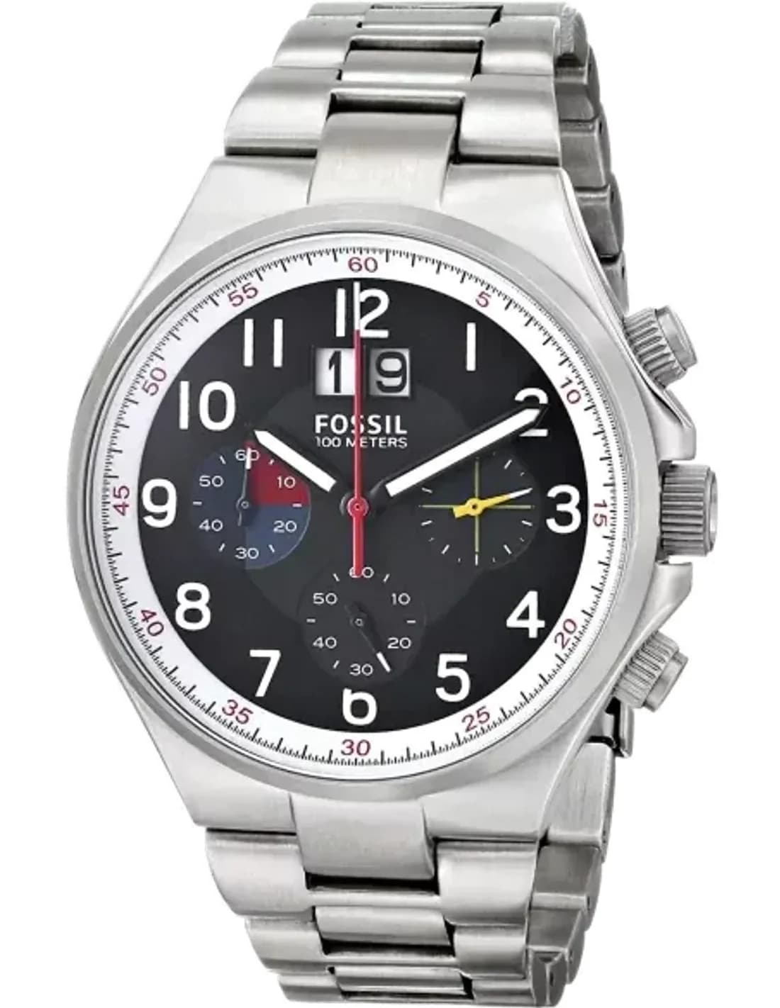Montre Homme Fossil Qualifier CH2909 Bracelet Argenté et cadran noir multi-compteurs