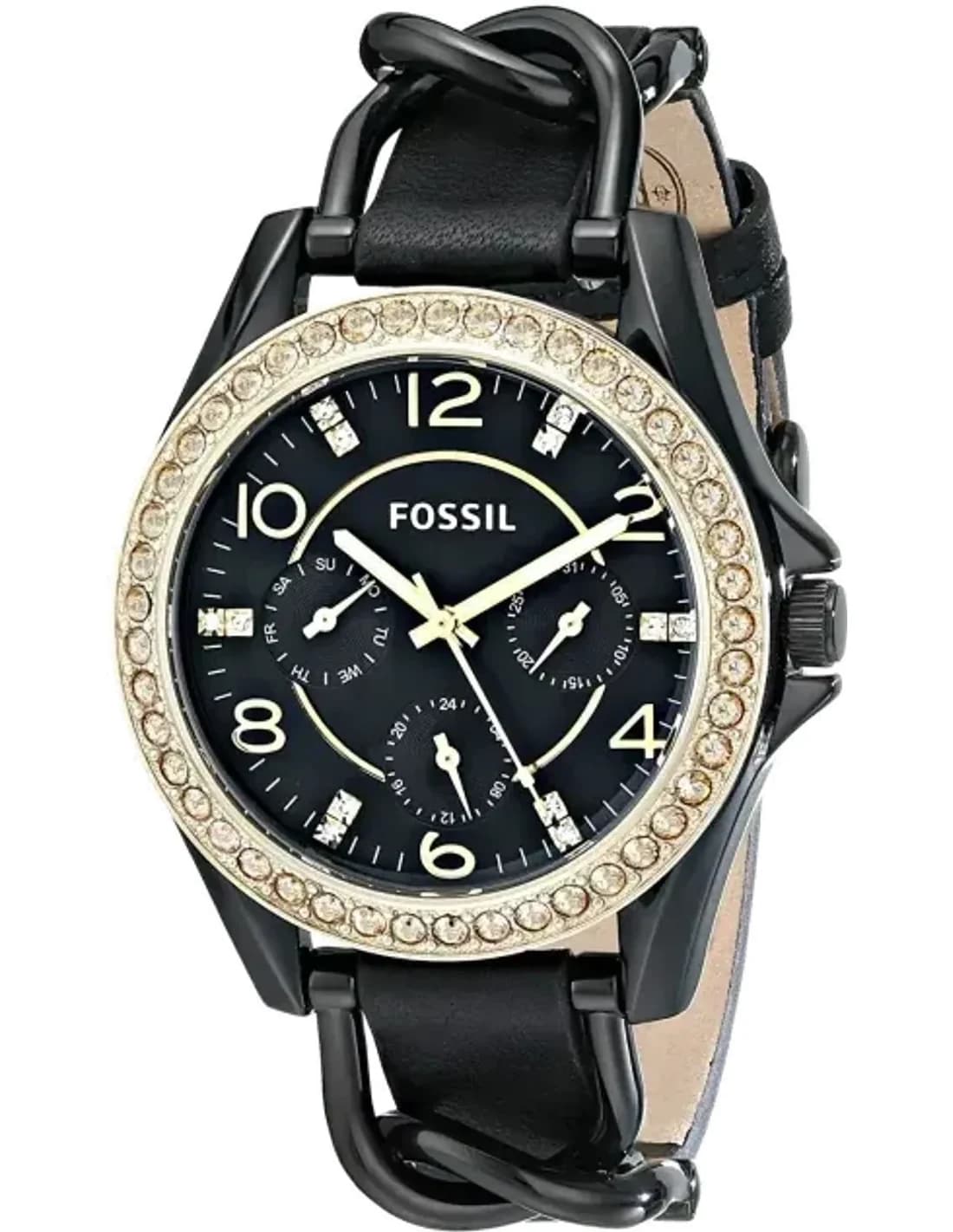 Montre Femme Fossil Riley ES3696 Bracelet fin en cuir et acier noir
