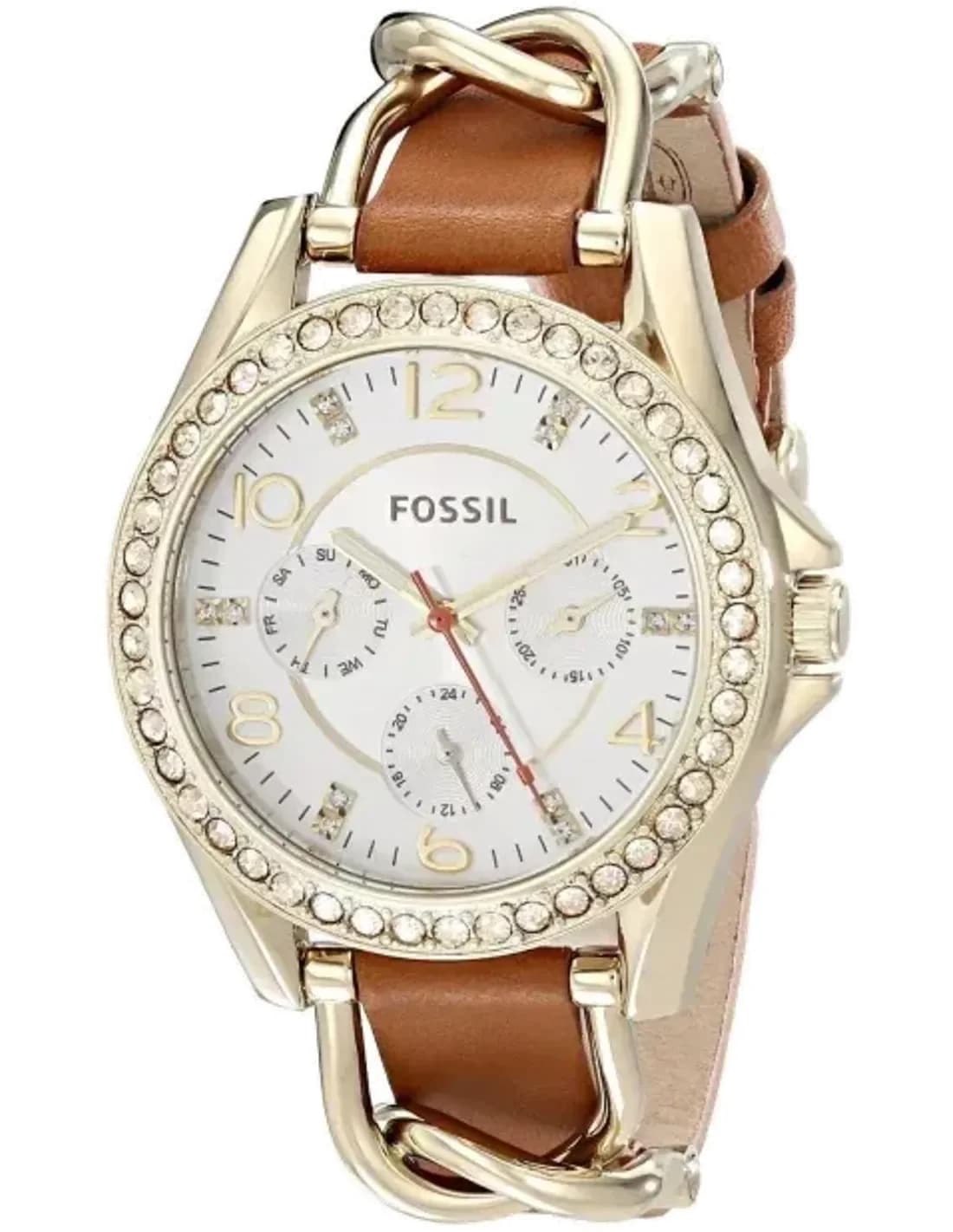 Montre Femme Fossil Riley ES3723 Bracelet en Cuir Marron et Acier Torsadé Dorée