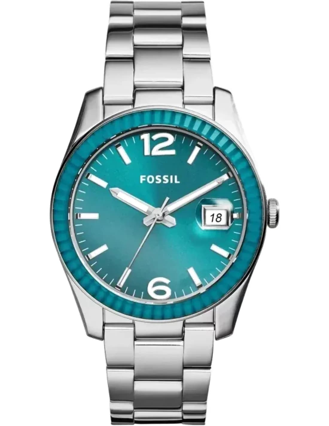 Montre Femme Fossil Perfect Boyfriend ES3765 Lunette crantée et cadran ton turquoise