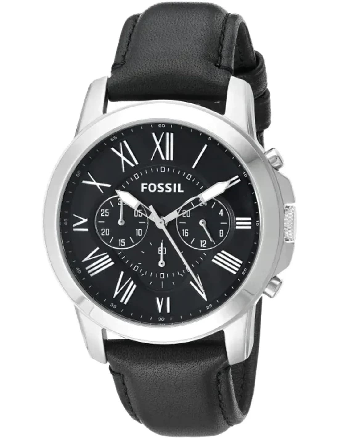 Montre Fossil FS4812 Grant avec Bracelet en Cuir Noir et Cadran Argenté