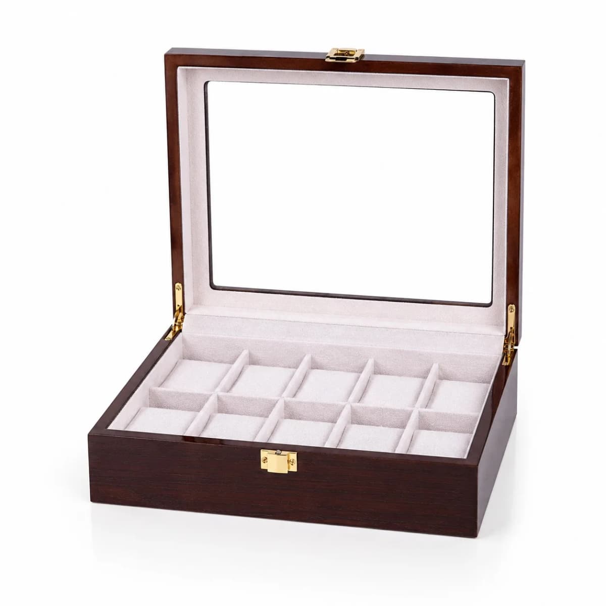 Boîte à montres Gandi marron en bois à 12 compartiments et couvercle vitré