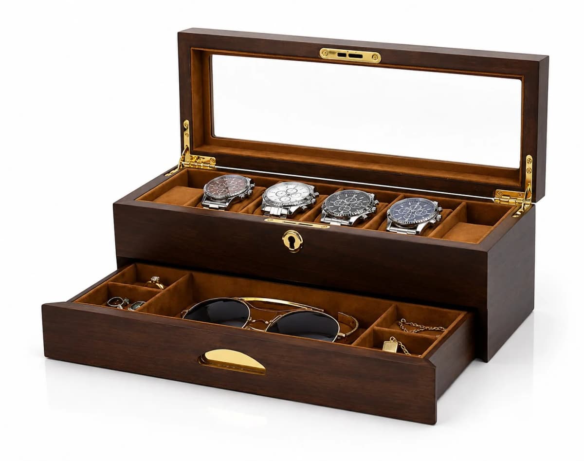 Boîte à montres Ravello noyer à 6 compartiments avec tiroir à bijoux