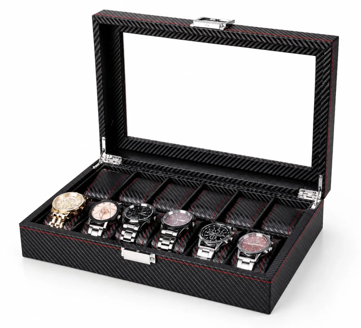 Boîte à montres Monza effet carbone à 12 compartiments et couvercle vitré
