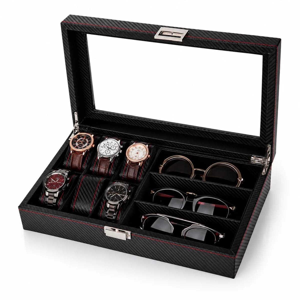 Boîte à montres Monza effet carbone à 6 compartiments et 3 emplacements bijoux