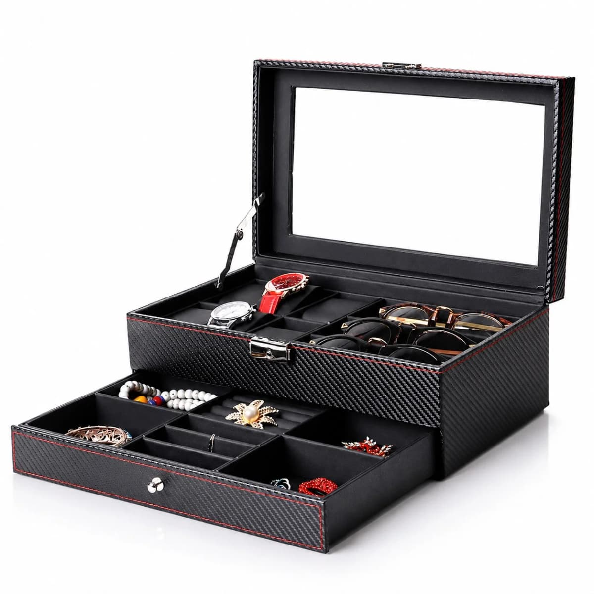 Coffret Monza effet carbone à montres et bijoux avec double tiroir