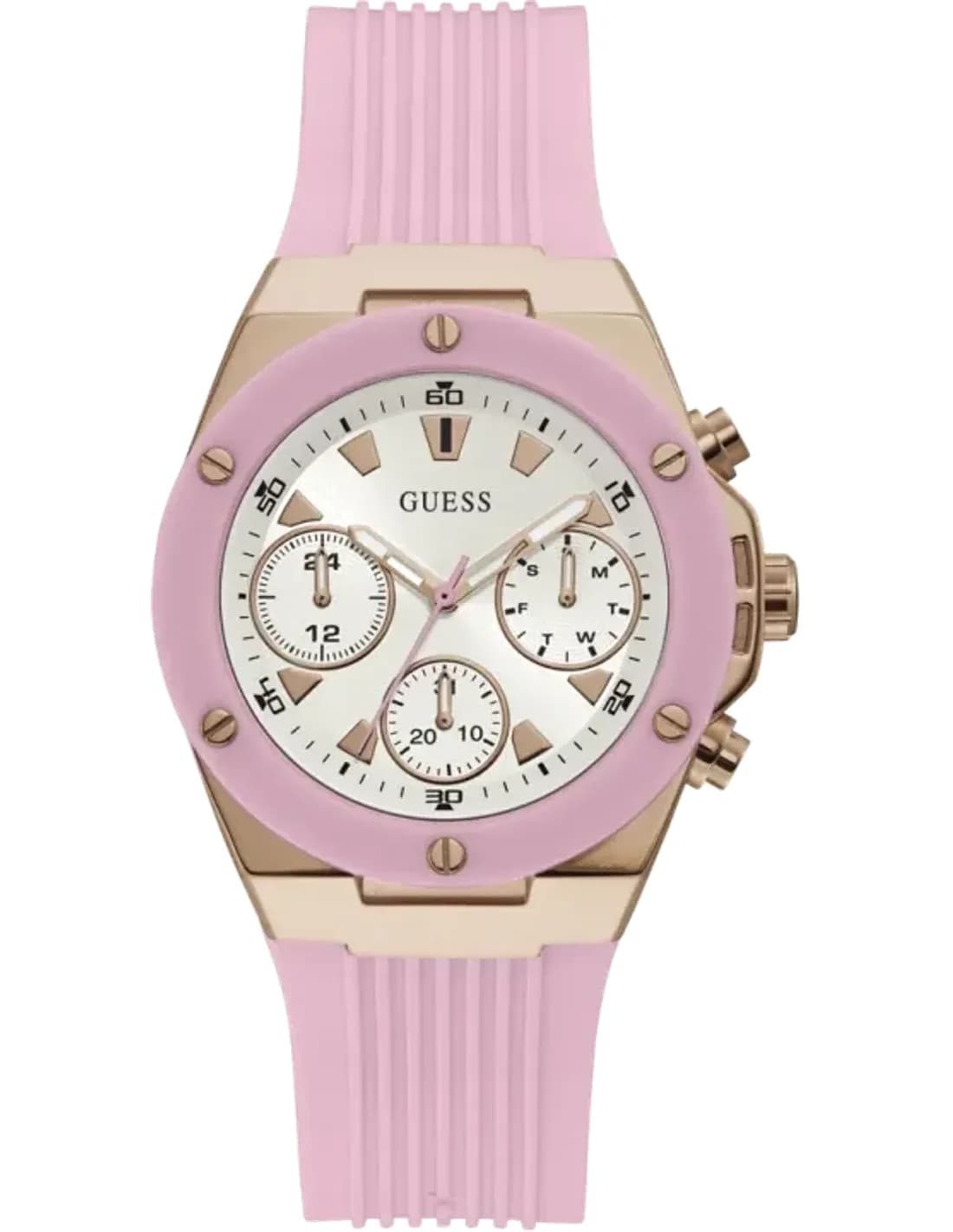 Montre Femme Guess ton or rose 39 mm boîtier GW0030L4 cadran blanc bracelet en silicone rose multifonction