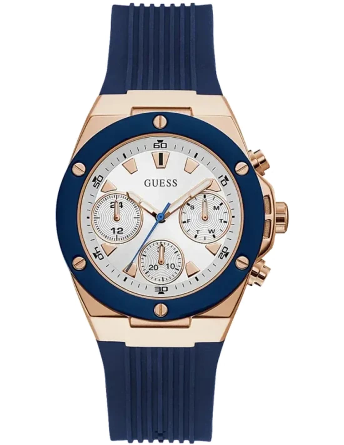 Montre Femme Guess Or Rose 39mm Boîtier GW0030L5 Cadran Blanc Bracelet en Silicone Bleu Multifonction
