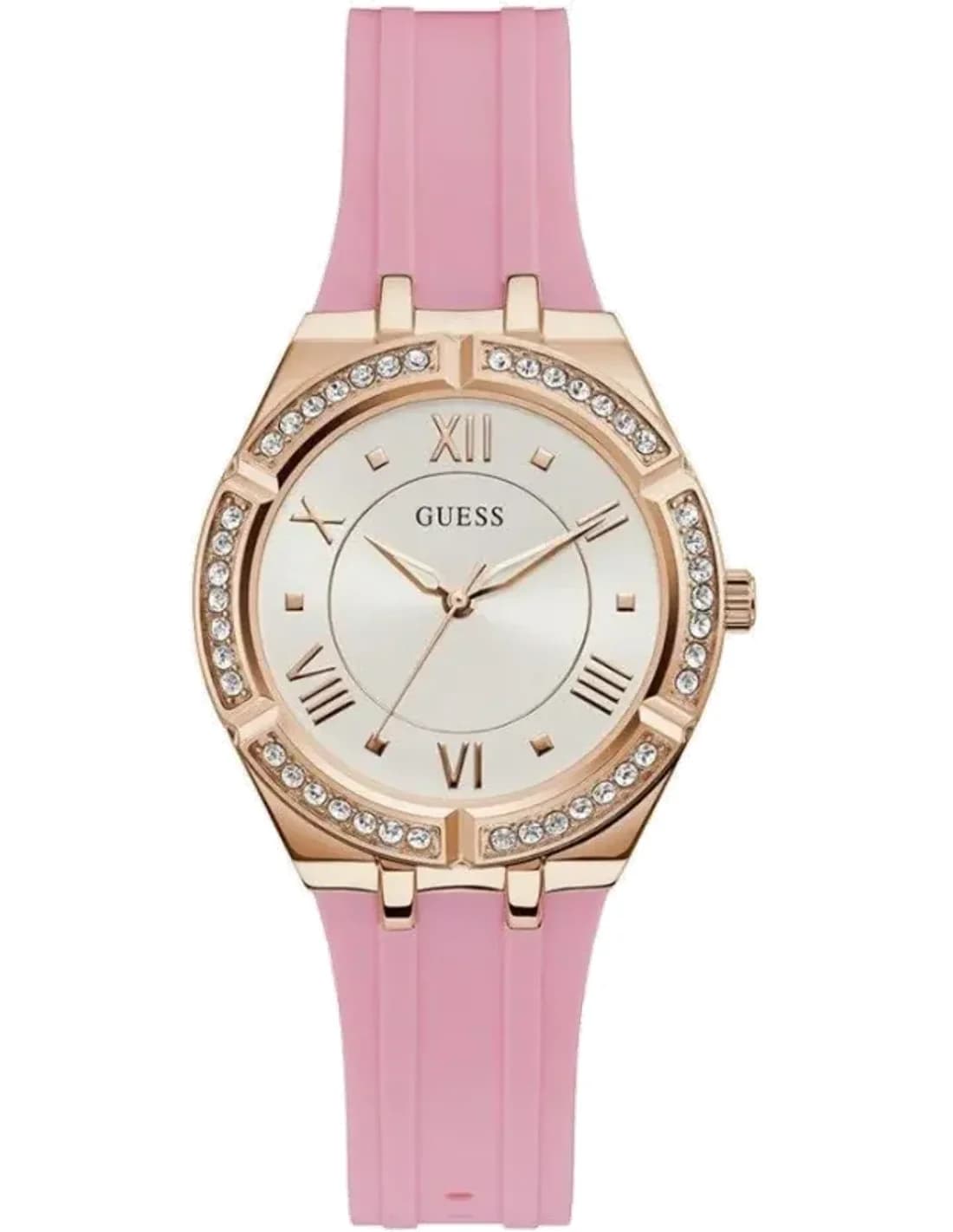 Montre Femme Guess Or Rose 36mm Boîtier GW0034L3 Cadran Blanc Bracelet en Silicone Rose Quartz