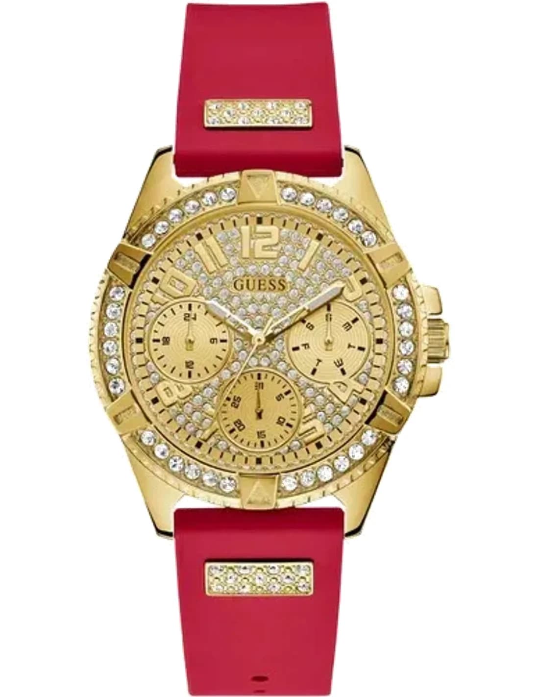 Montre Femme Guess Boîtier doré GW0045L2 Cadran doré Bracelet en silicone rouge Multifonction