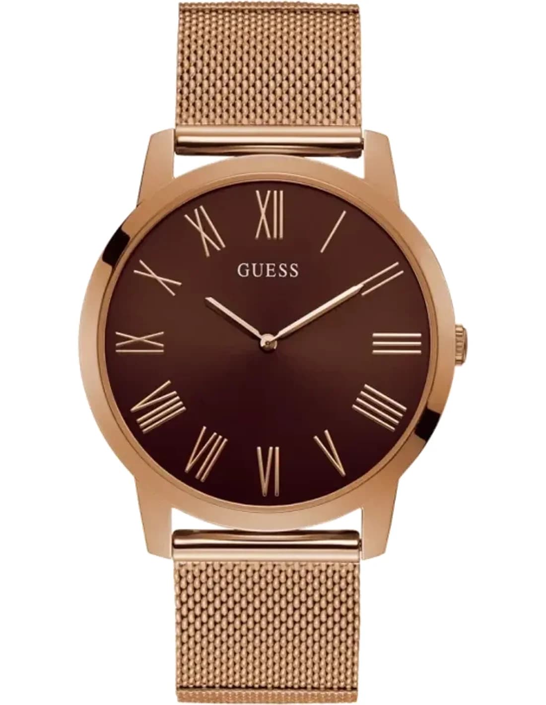 Montre Homme Guess Or rose 44 mm Boîtier GW0074G1 Cadran marron Maille Acier inoxydable Or rose Bracelet Quartz