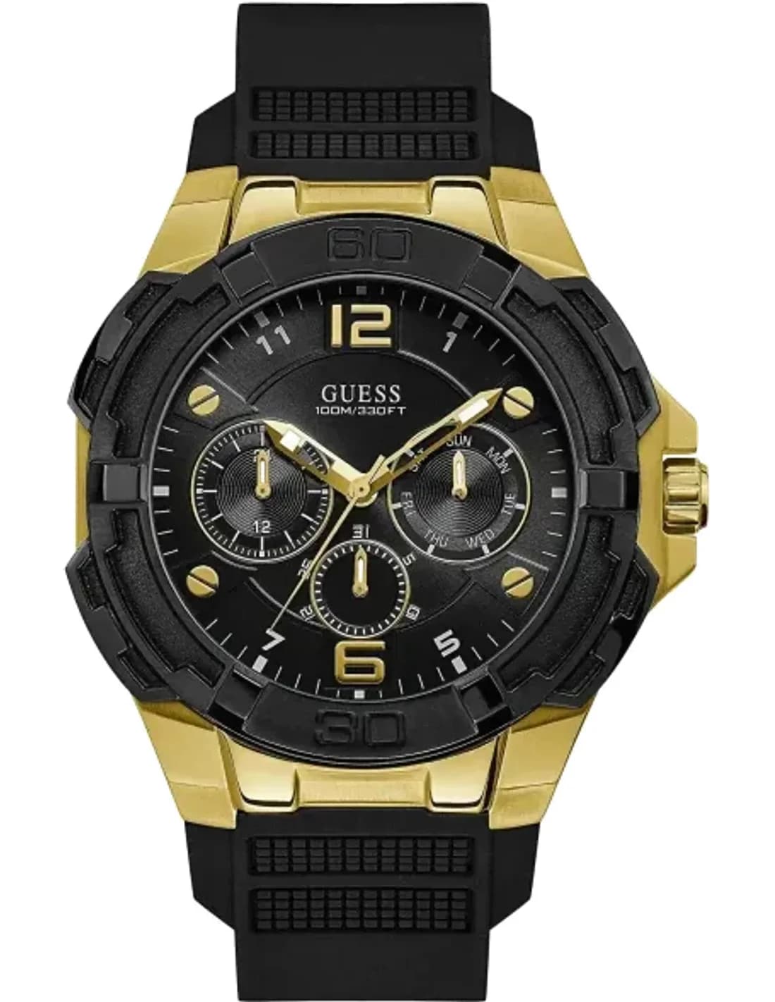 Montre Homme Guess Doré 51mm Boîtier GW0100G1 Cadran Noir Bracelet en Silicone Multifonction